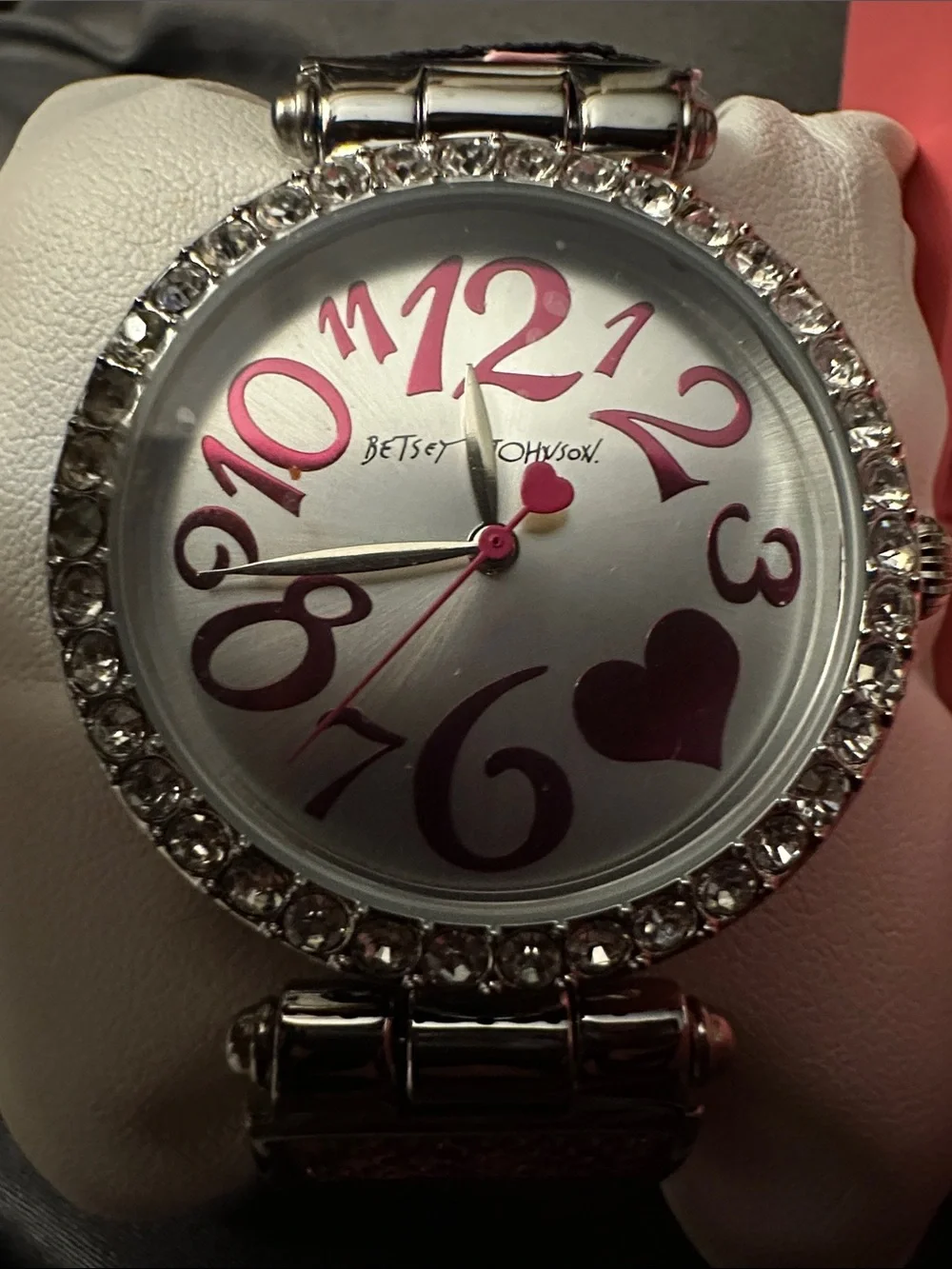 Betsey Johnson Silver-Tone Bangle Watch with Pink shimmer accents